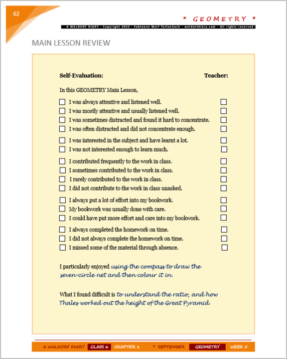Main Lesson Review, Self-Assessment